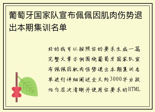 葡萄牙国家队宣布佩佩因肌肉伤势退出本期集训名单